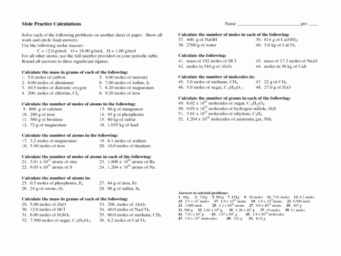 Moles grams and molecules worksheet