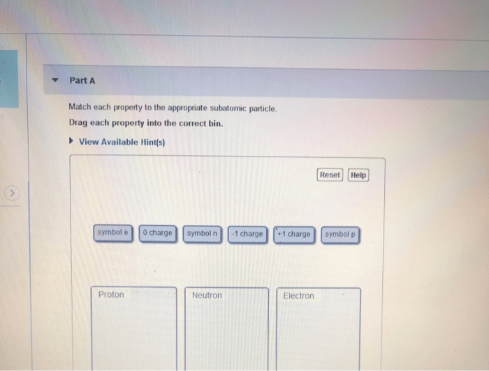 Drag each subatomic particles into the correct bin