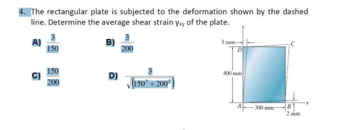 Plate rectangular shear subjected strain mm dimensions solved determine average dashed deformation shown line